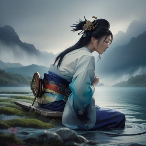 geisha sitting on a bench in front of a lake with turbulent ...