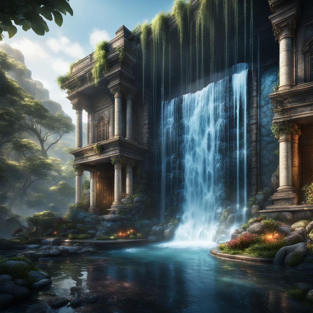 Glass House Hidden Behind Waterfall: Fantasy Concept Art