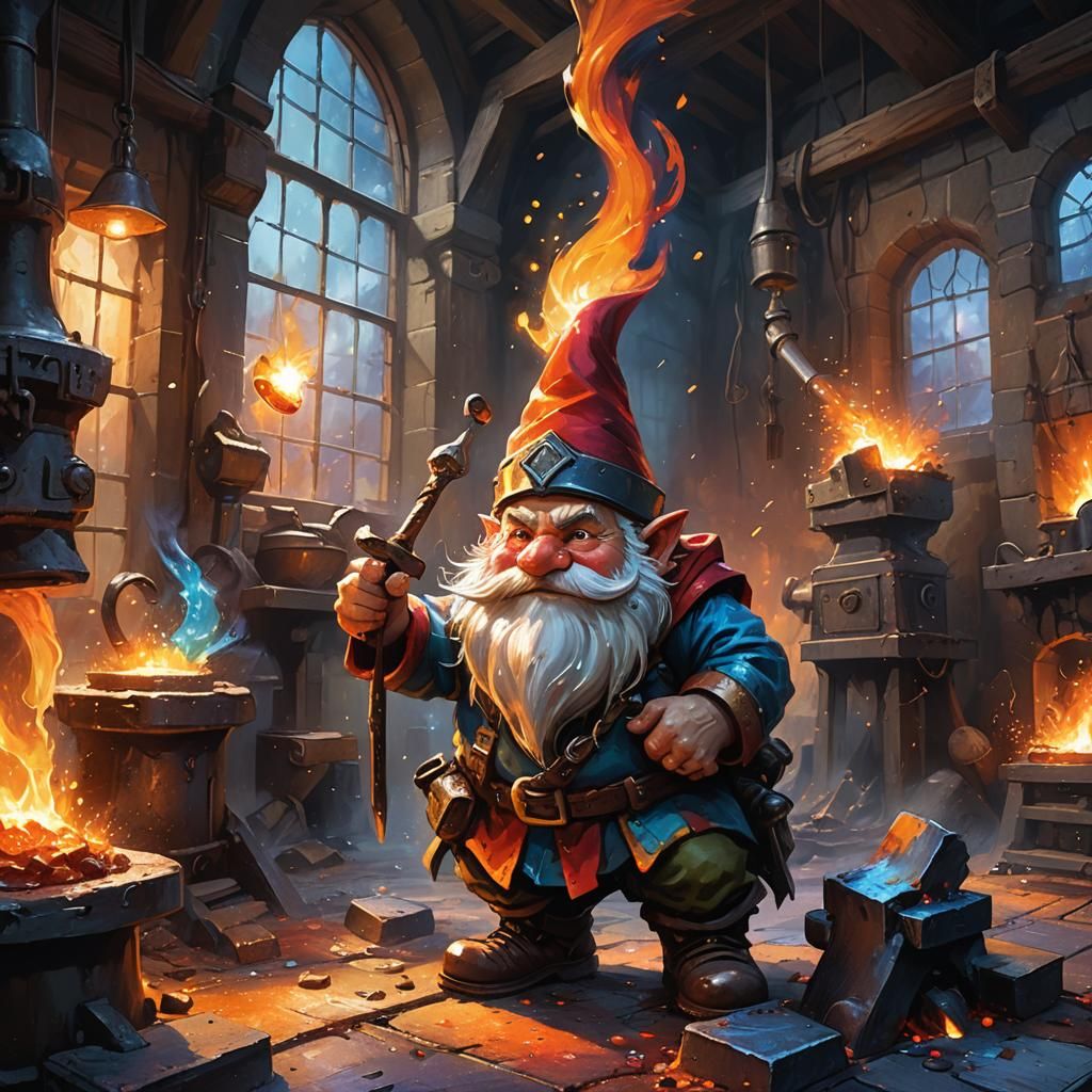 Gnome Forging Iron in a Fantasy Foundry
