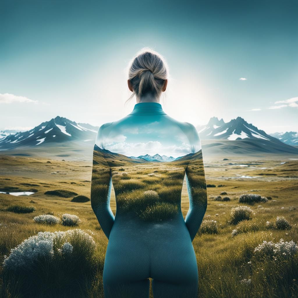 Double Exposure: Woman and Summer Tundra Panorama