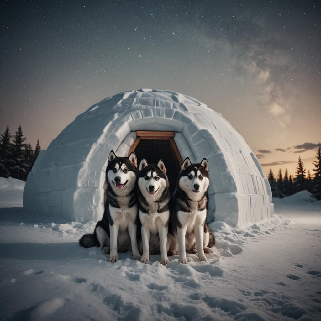 Huskies Outside Igloo Under Starry Sky
