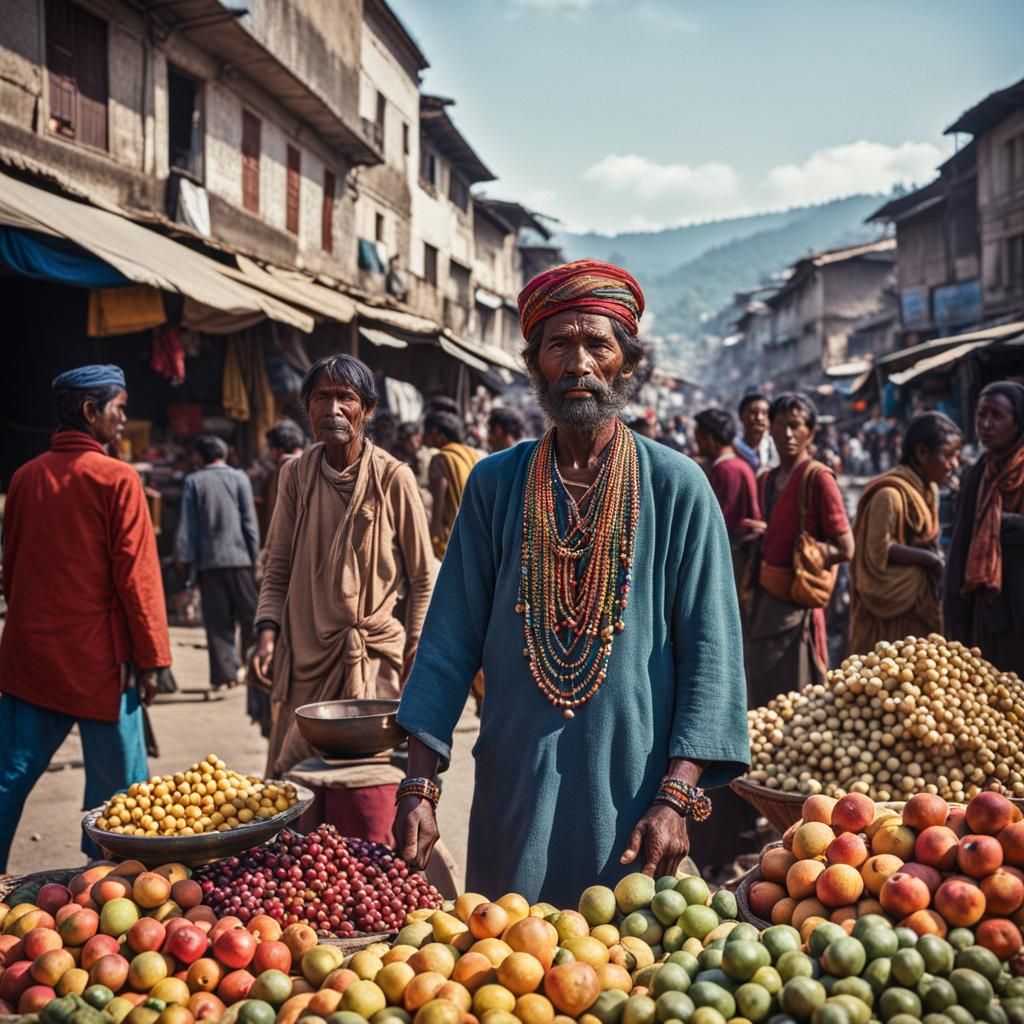 Kathmandu Market, 1970s: Hyperrealistic Photo