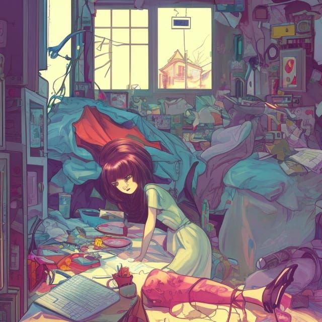 Colorful Cyber Lo-Fi Room in Comic Book Style