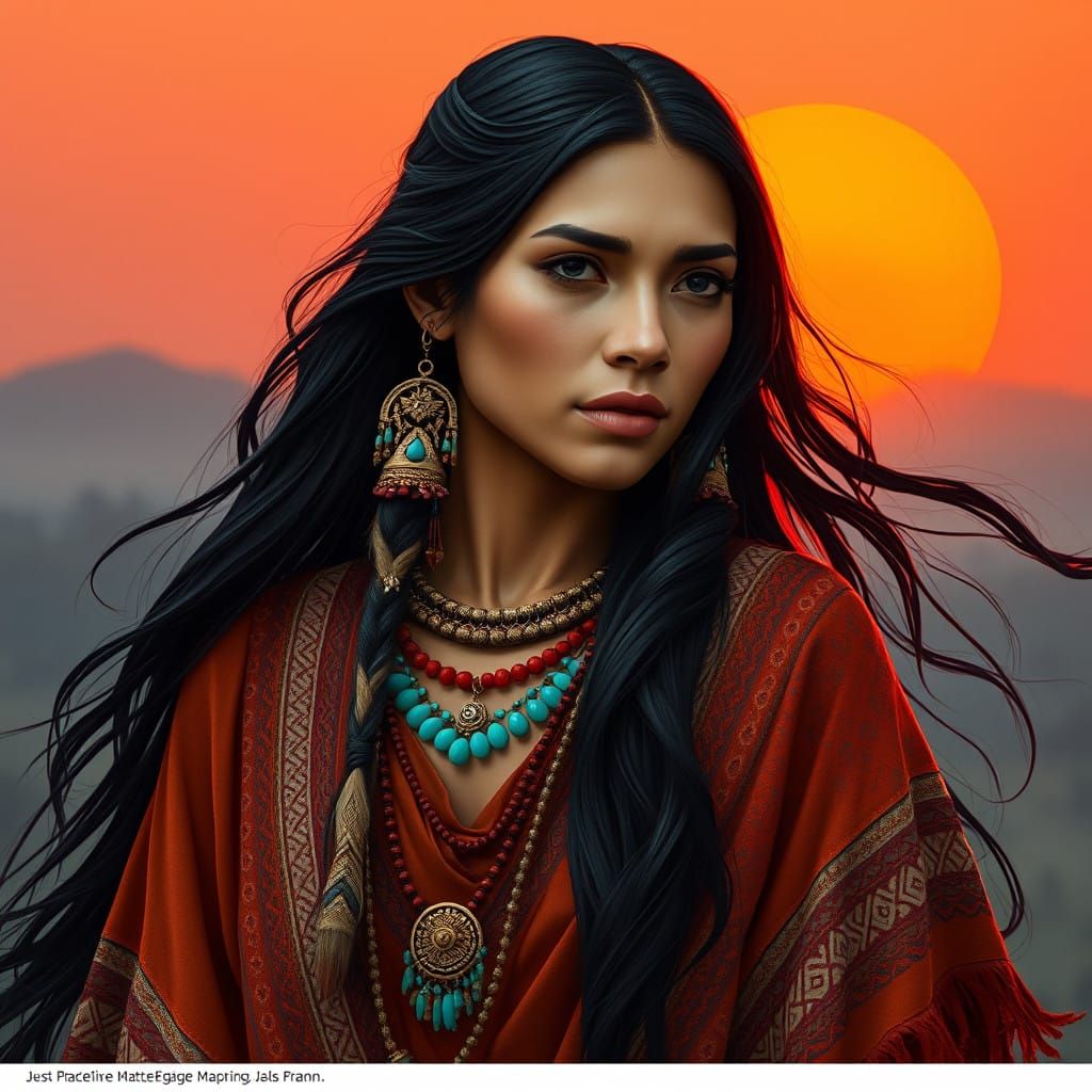 Mystical Native Woman Under Vibrant Orange Sun