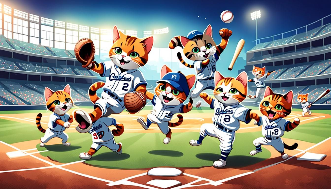 Cartoon Cats Playing Baseball in Stadium