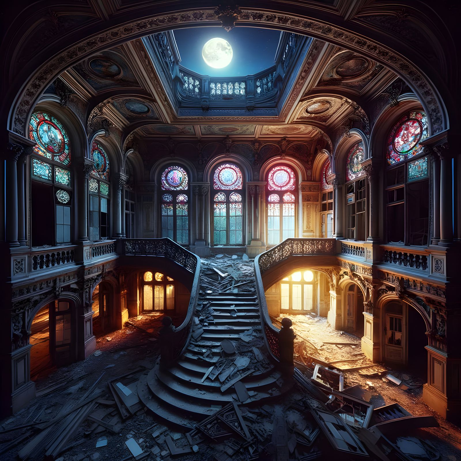 Majestic Victorian Mansion Illuminated by Moonlit Stained Gl...