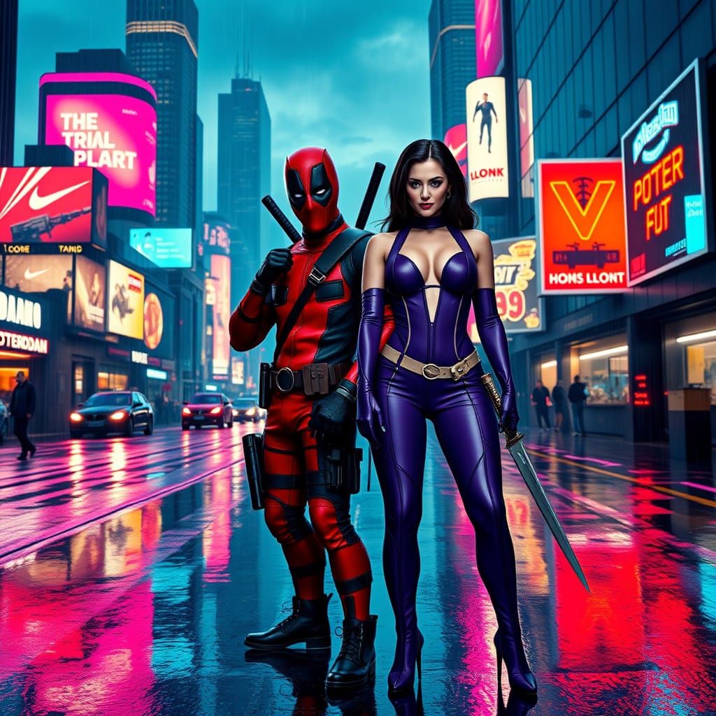 Deadpool and Psylocke Stand in Futuristic Downtown Rotterdam