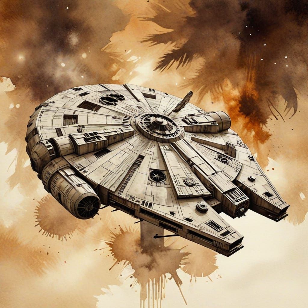 Star Wars: Death Star & Millennium Falcon in Sepia Watercolo...