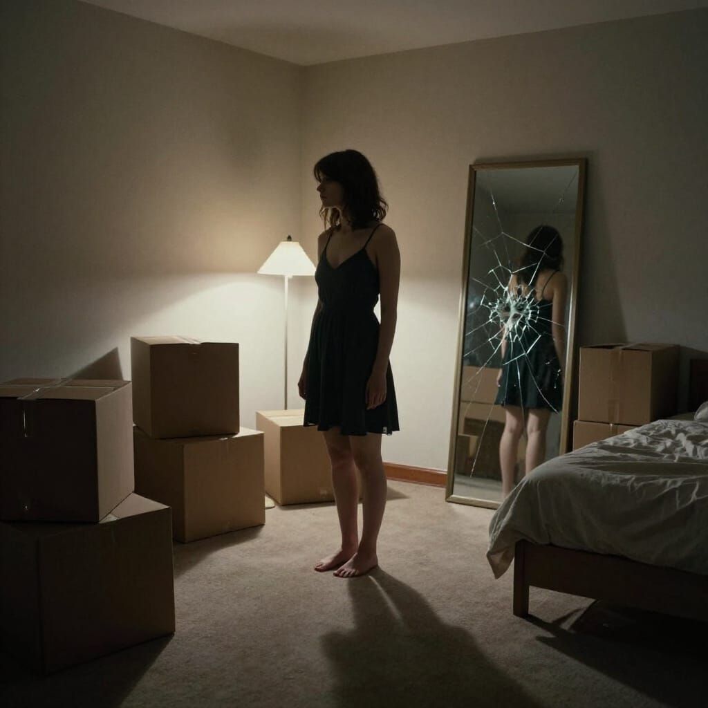 Woman in Empty Bedroom with Stacked Boxes