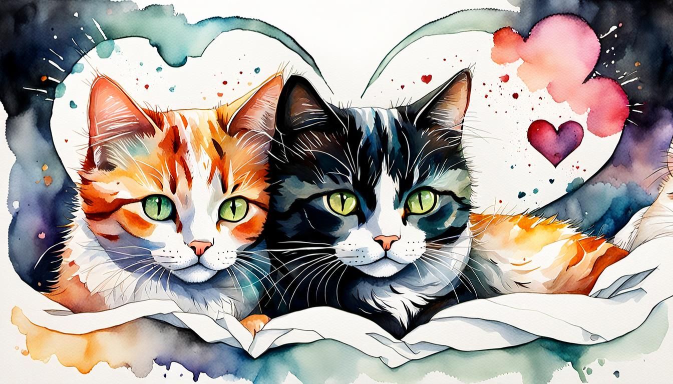 Two Cute Cats Form Heart in Watercolor