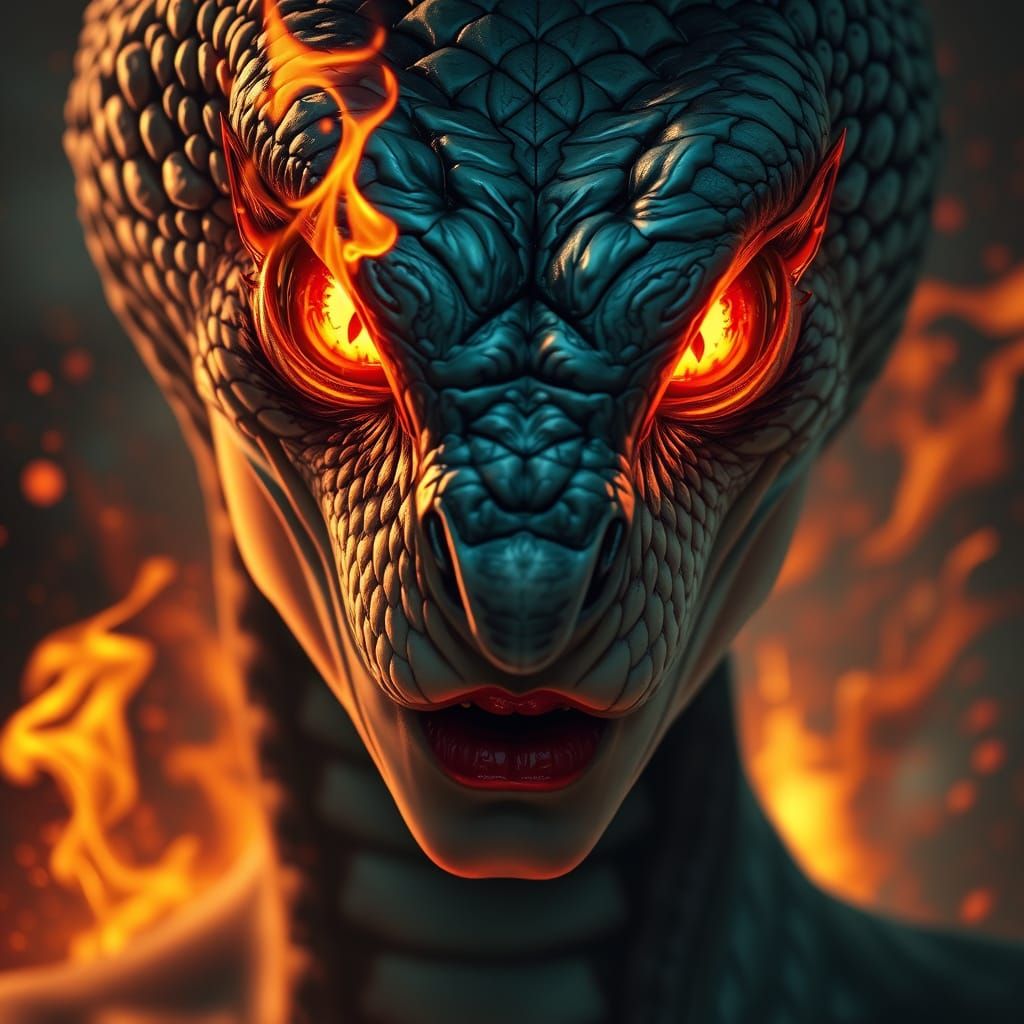 Surreal Hyperrealistic Serpent Goddess with Blazing Eyes