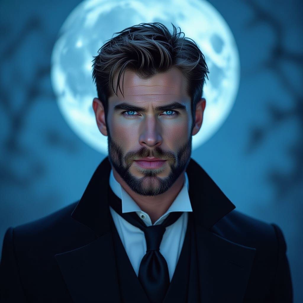 Pale Vampire with Blue Eyes in Moonlit Setting