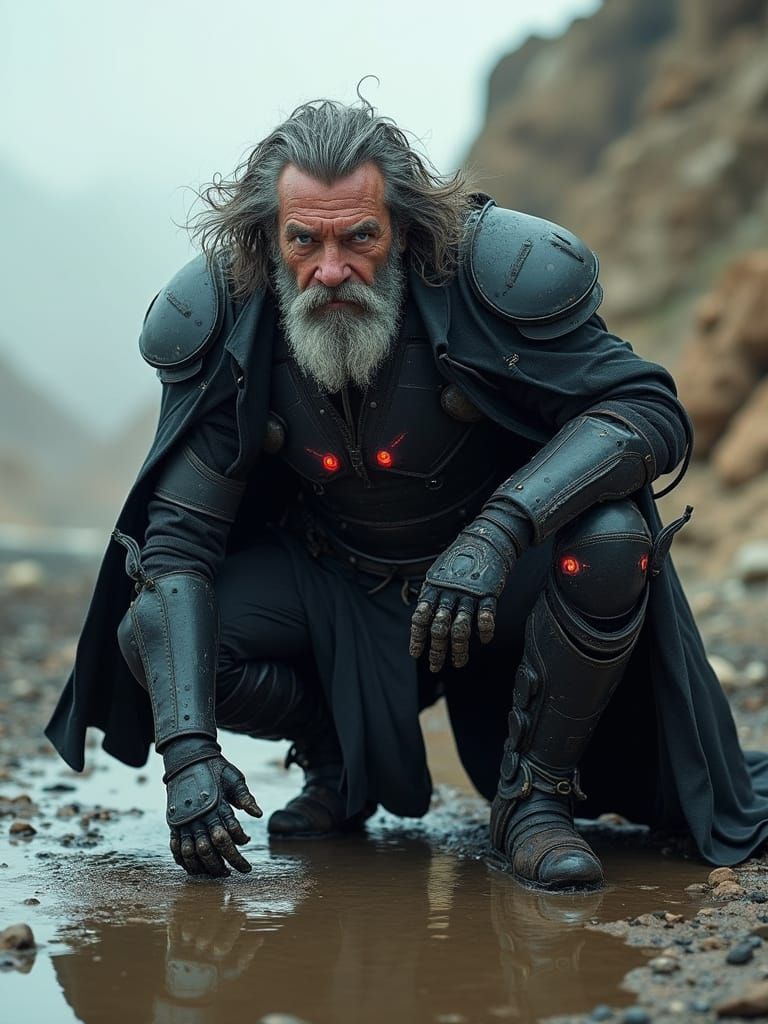 Cybernetic Warrior in High-Tech Armor Crouches in Desolate L...