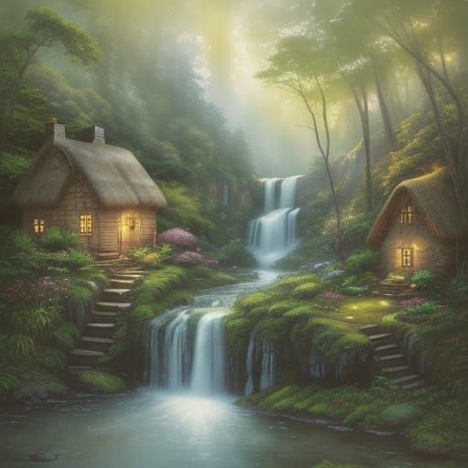 Cozy Cottage at Waterfall in Watercolor Style