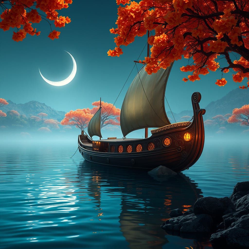 Luminous Lagoon at Moonrise in Fantasy Art Style