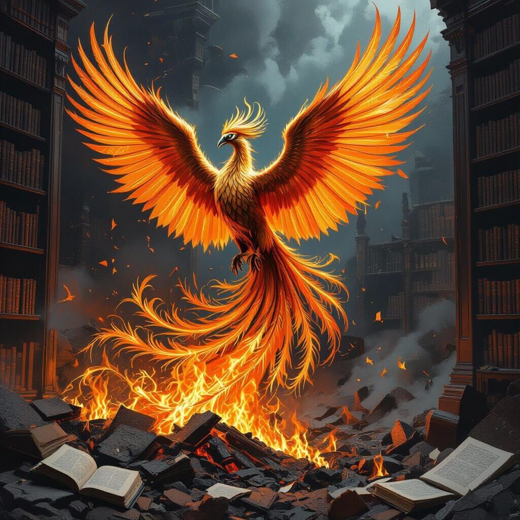 Phoenix Rising from Burning Library, Dark Fantasy Style
