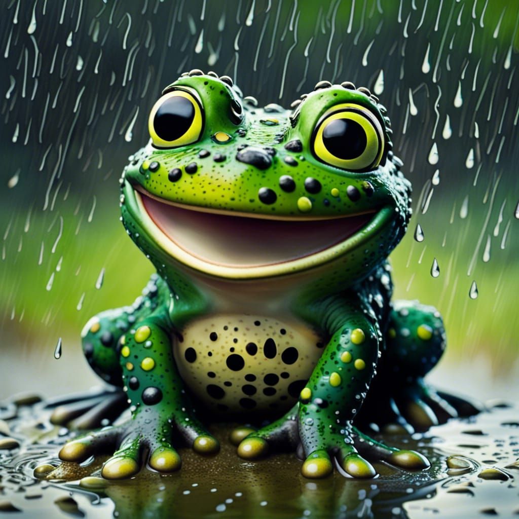 A Happy Spotted Toad Sits in a Rainy Puddle