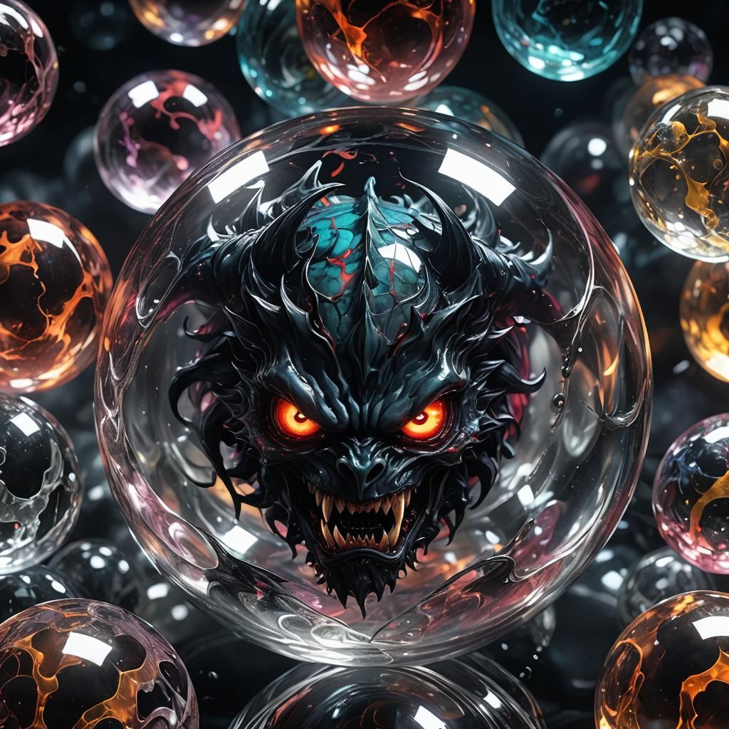 Demonic Entity Trapped Inside Glass Marble, in Anime Style
