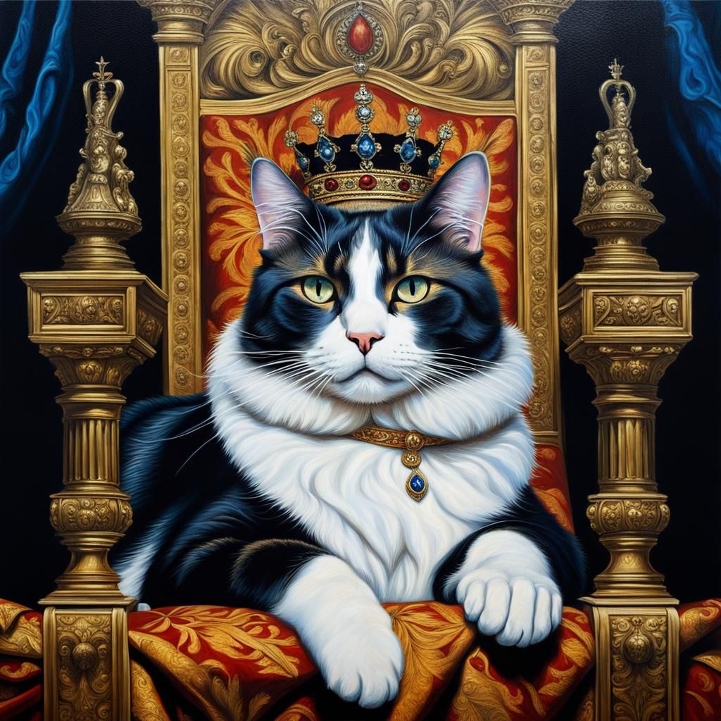 Royal Cat on Throne: Renaissance Oil Painting