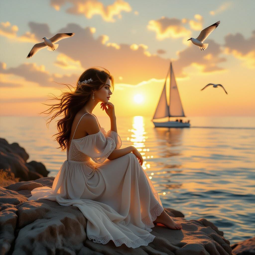 Woman Gazing at Yacht, Hyperrealistic Style