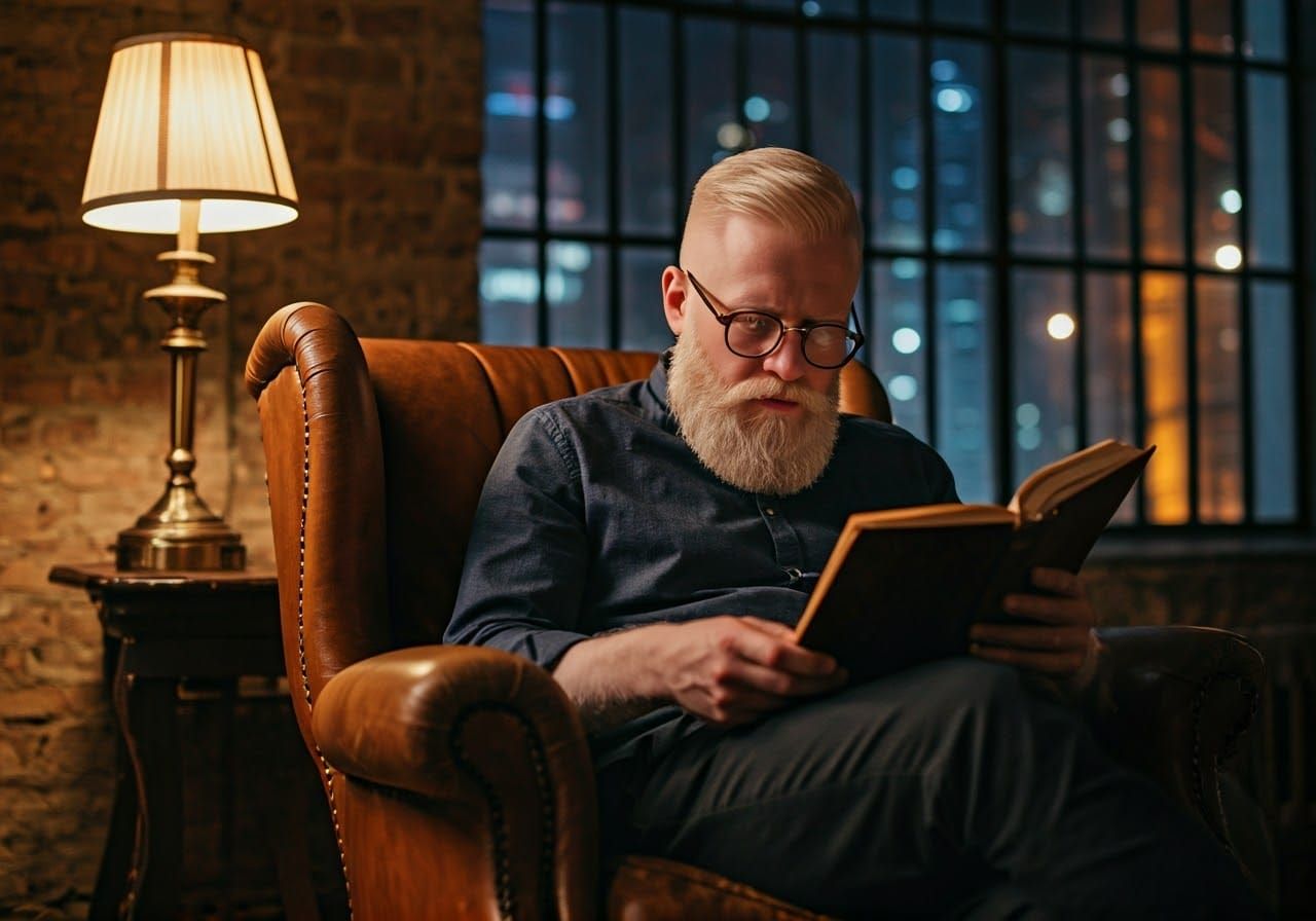 Man Reading Book in Cozy Loft at Night