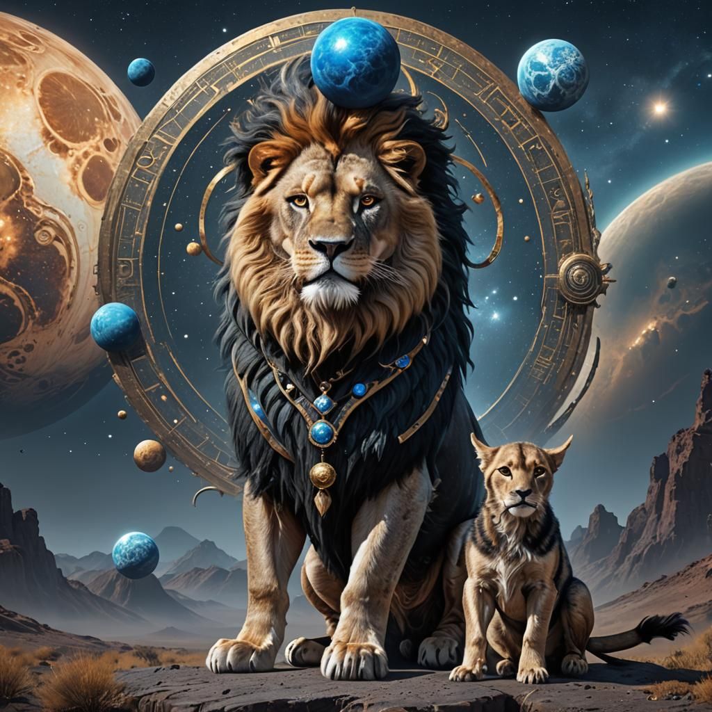 Surreal Lion Chimera with Jupiter Moon Backdrop