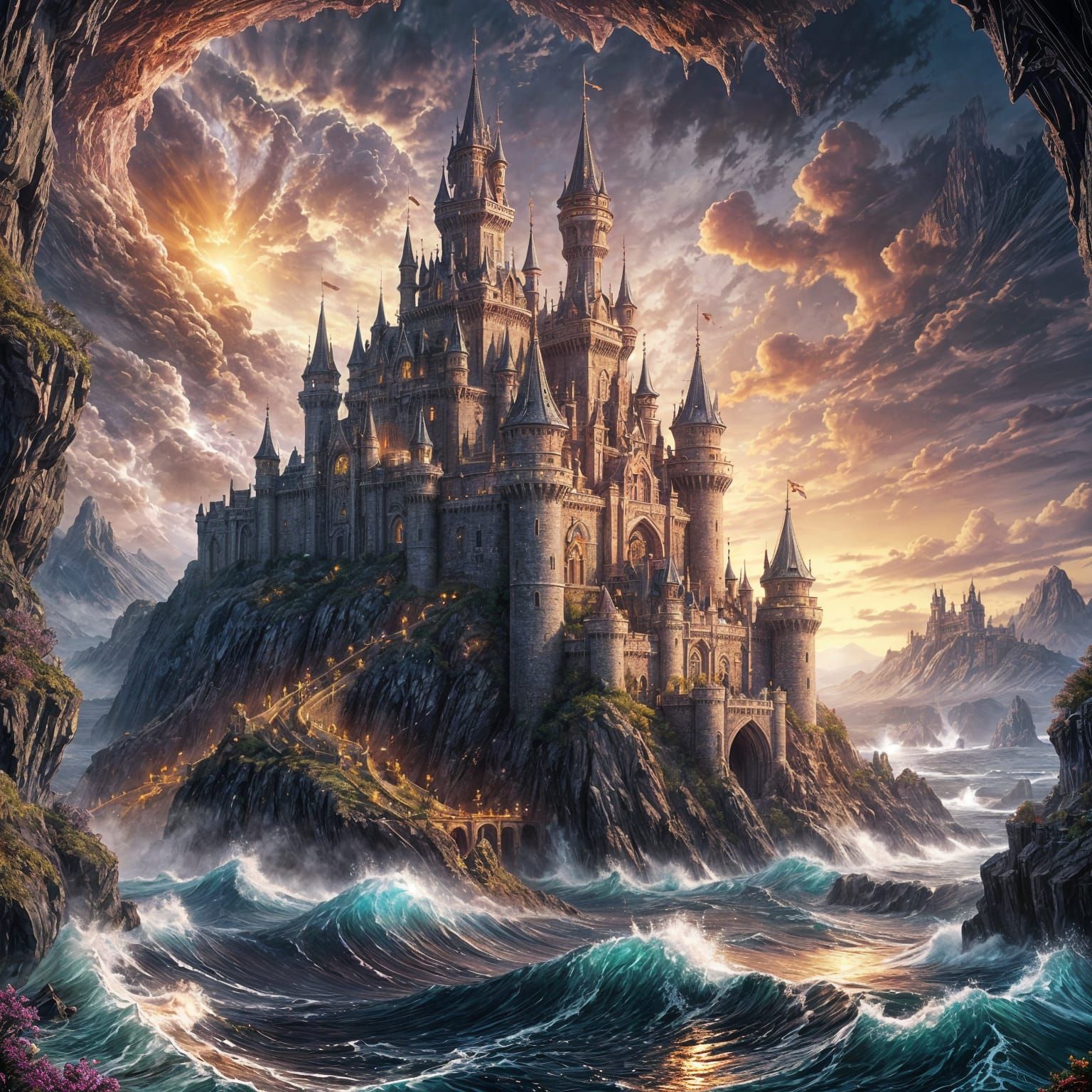 Ruby Castle Floating Over Ocean: Dark Fantasy Art