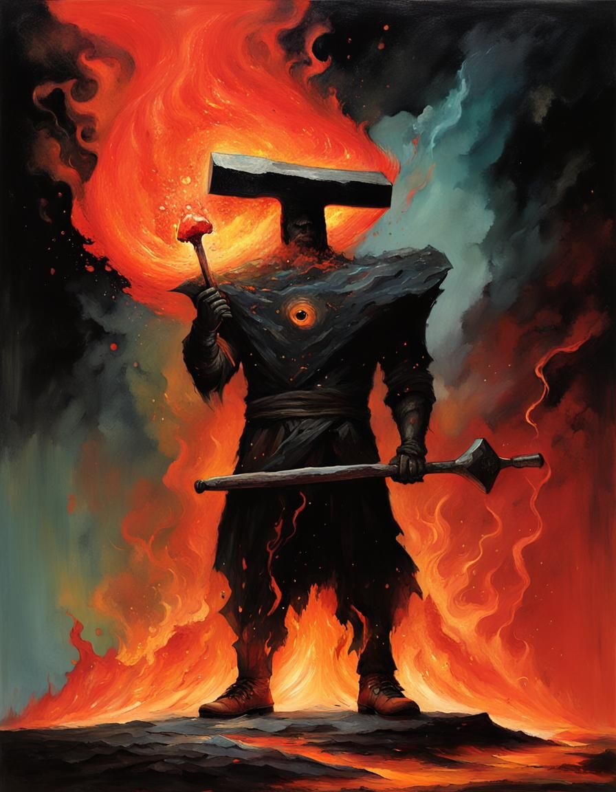Fiery Elemental Hammer Held by Dark God