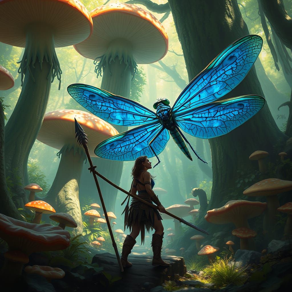 Amazon Warrior in Mushroom Forest Digital Painting