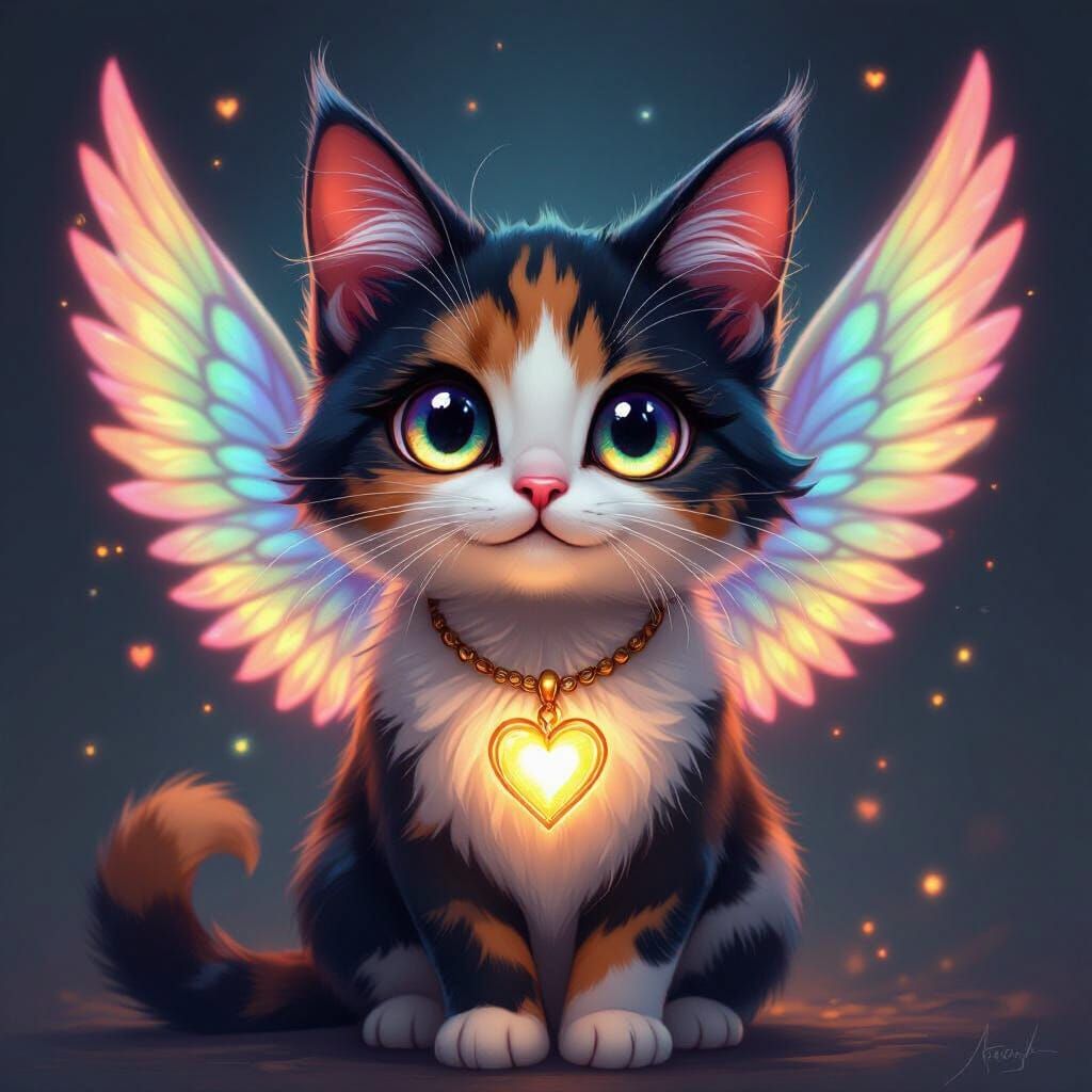 Winged Calico Cat with Iridescent Wings, Illustrative Digita...