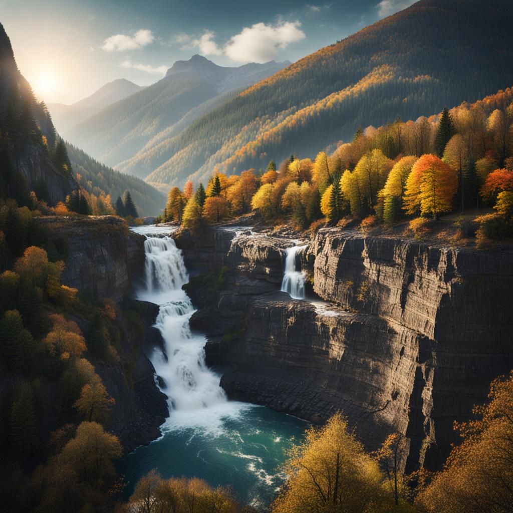 Dramatic Mountain Landscape with Waterfall, Photography