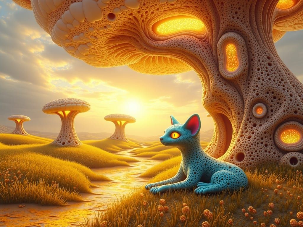 Surreal Feline Amidst Dreamlike Landscape in Cyberpunk Aesth...
