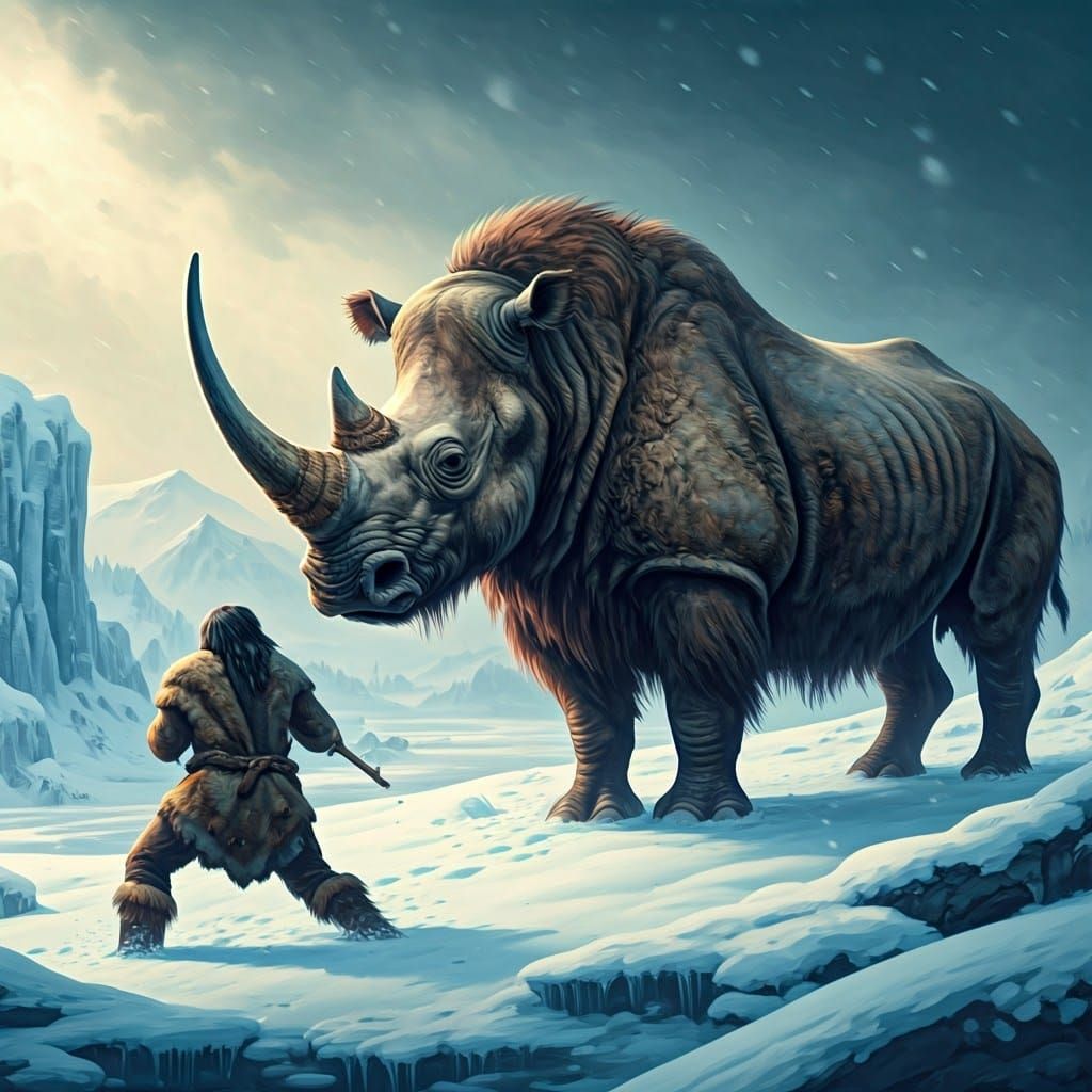 Neanderthals Stalk Prehistoric Woolly Rhino in Icy Winter La...