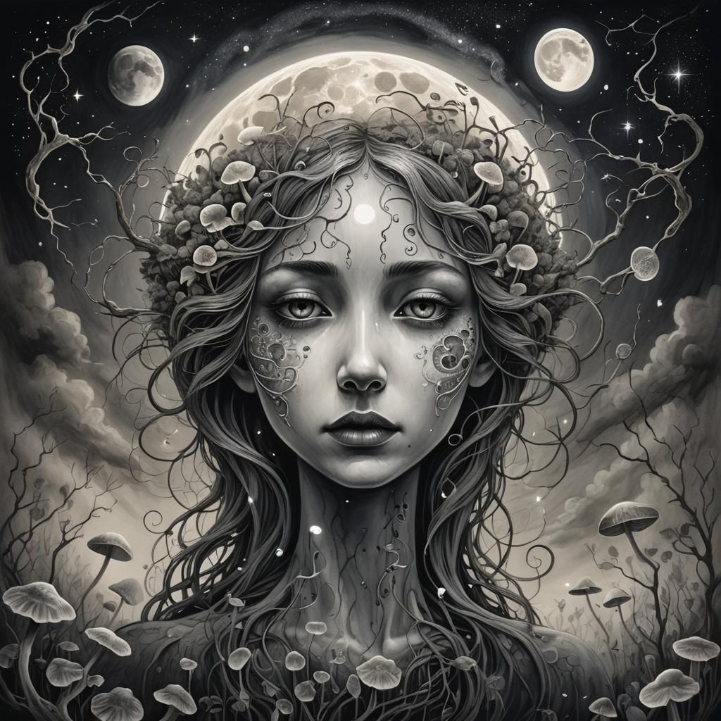 Crying Moon Charcoal Illustration in Surreal Style