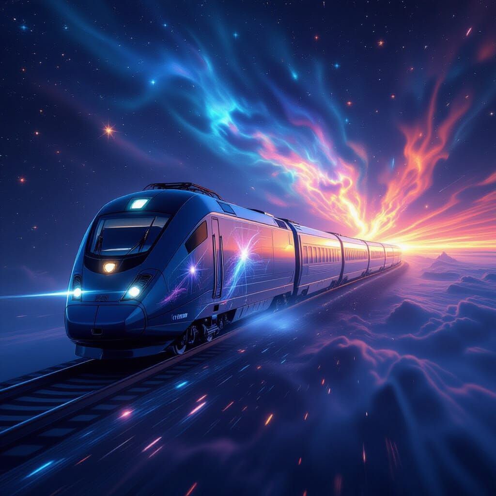 Cosmic Train Through Space in Cinematic Style