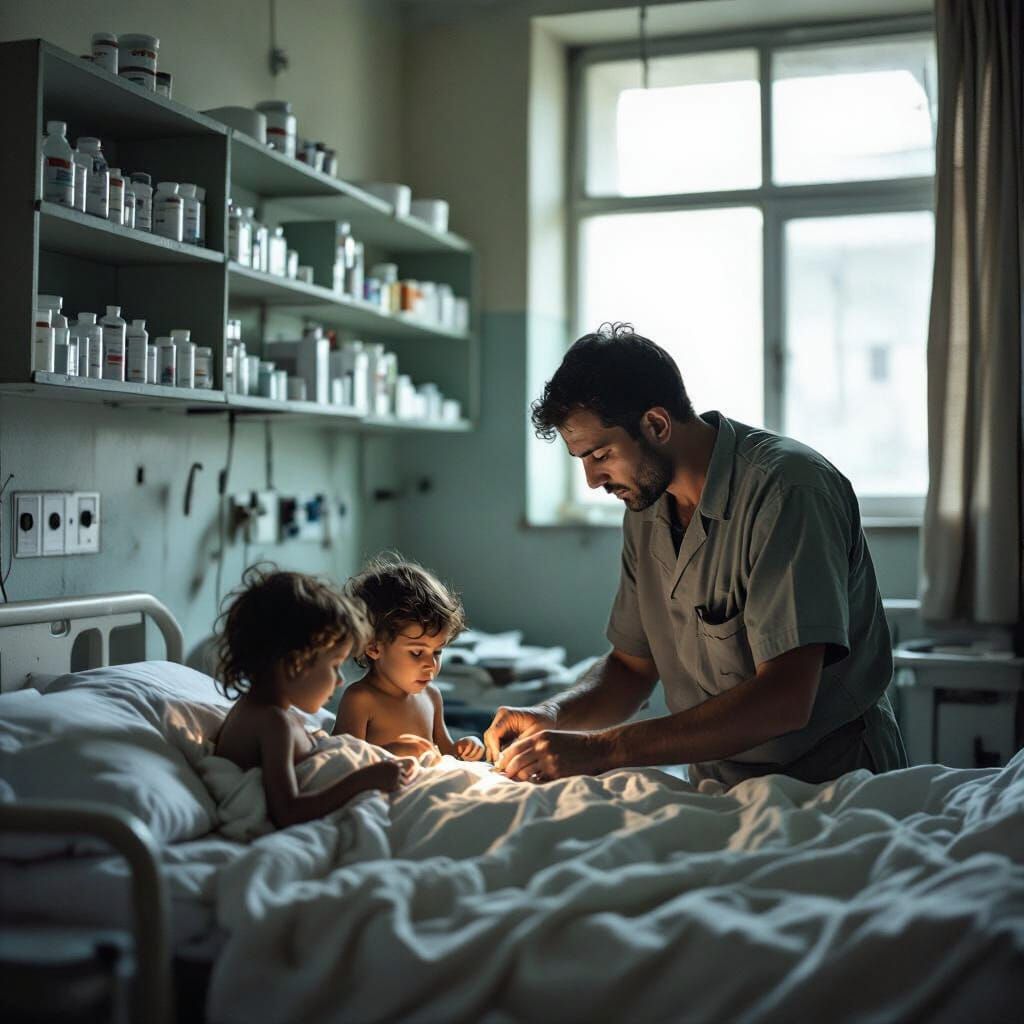 1990s Baghdad Hospital Scene: Doctor Tends to Ill Children