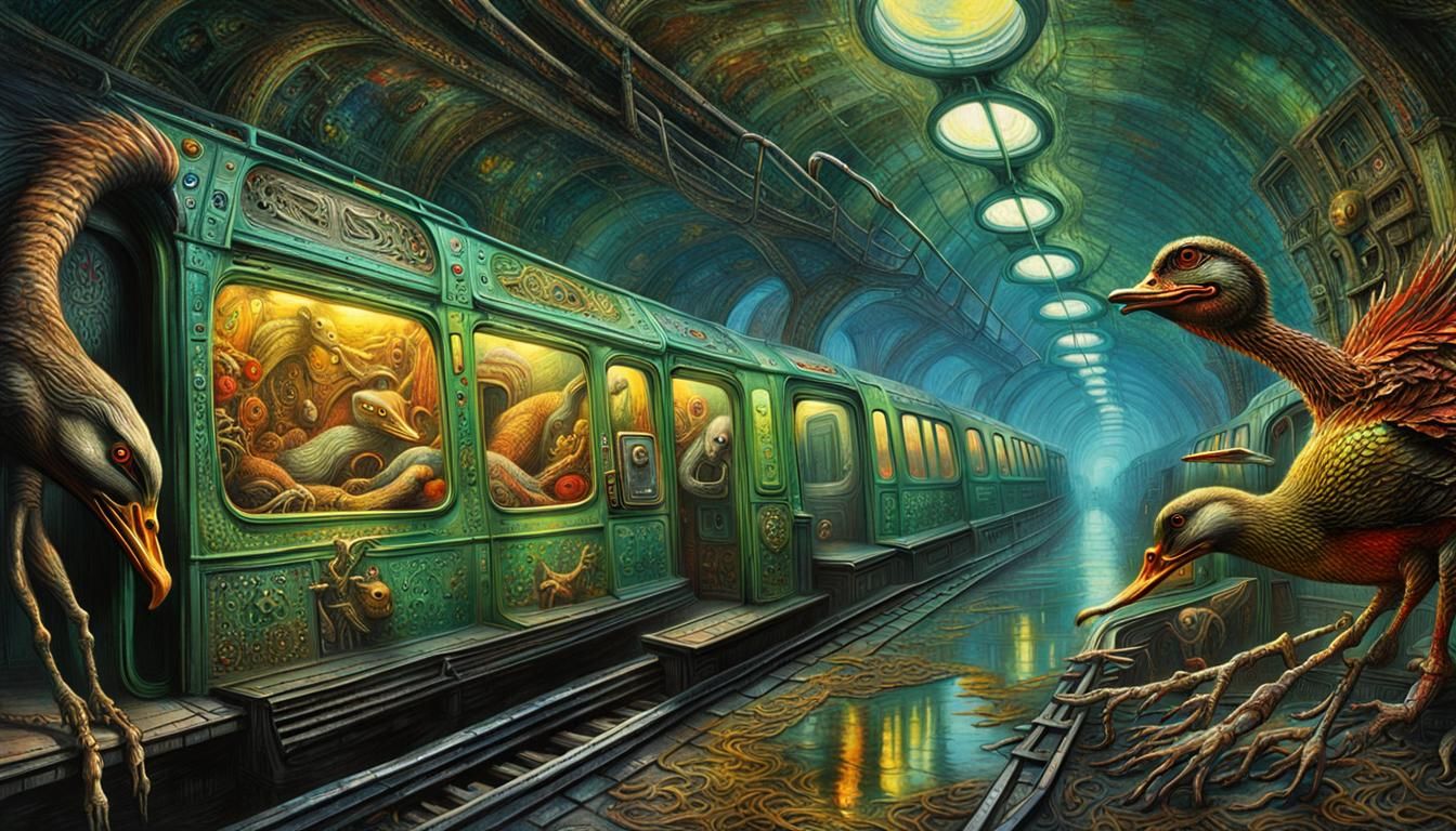 Dreadful Duck in Dystopian Subway: Surreal Mixed Media