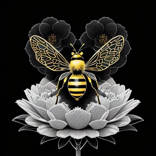 Golden Bee in Grayscale Simpsons Flowerscape