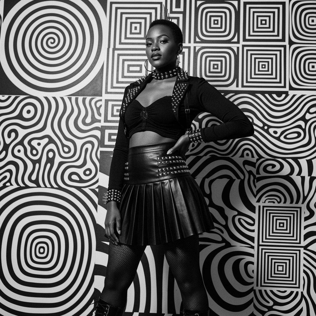 Black Woman Poses in Op Art Black and White Photo