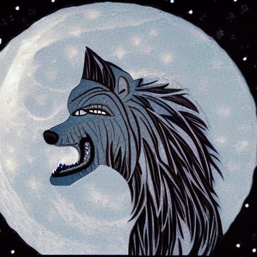 Wolf Howling at Moon in Winter Landscape