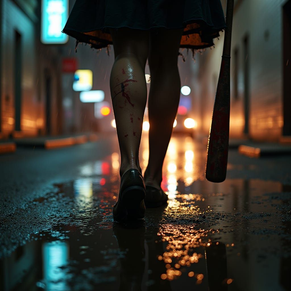 Tattered Heels Stomp Through Rainy Alleyway Reflections