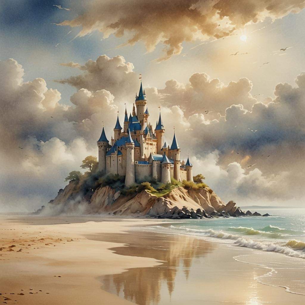 Ethereal Sandcastle in Dreamy Cloudscape: Watercolor Art
