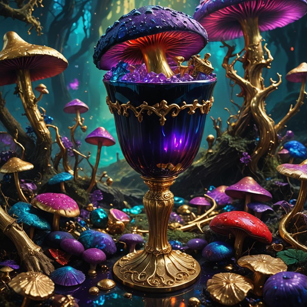 Glowing Drink in Golden Goblet Under Psychedelic Mushroom