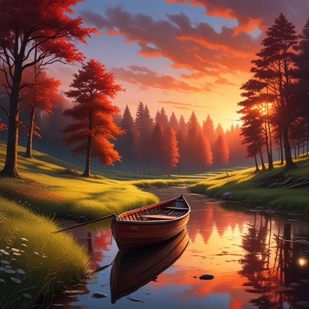 Rowboat in Meadow Creek at Fiery Sunset