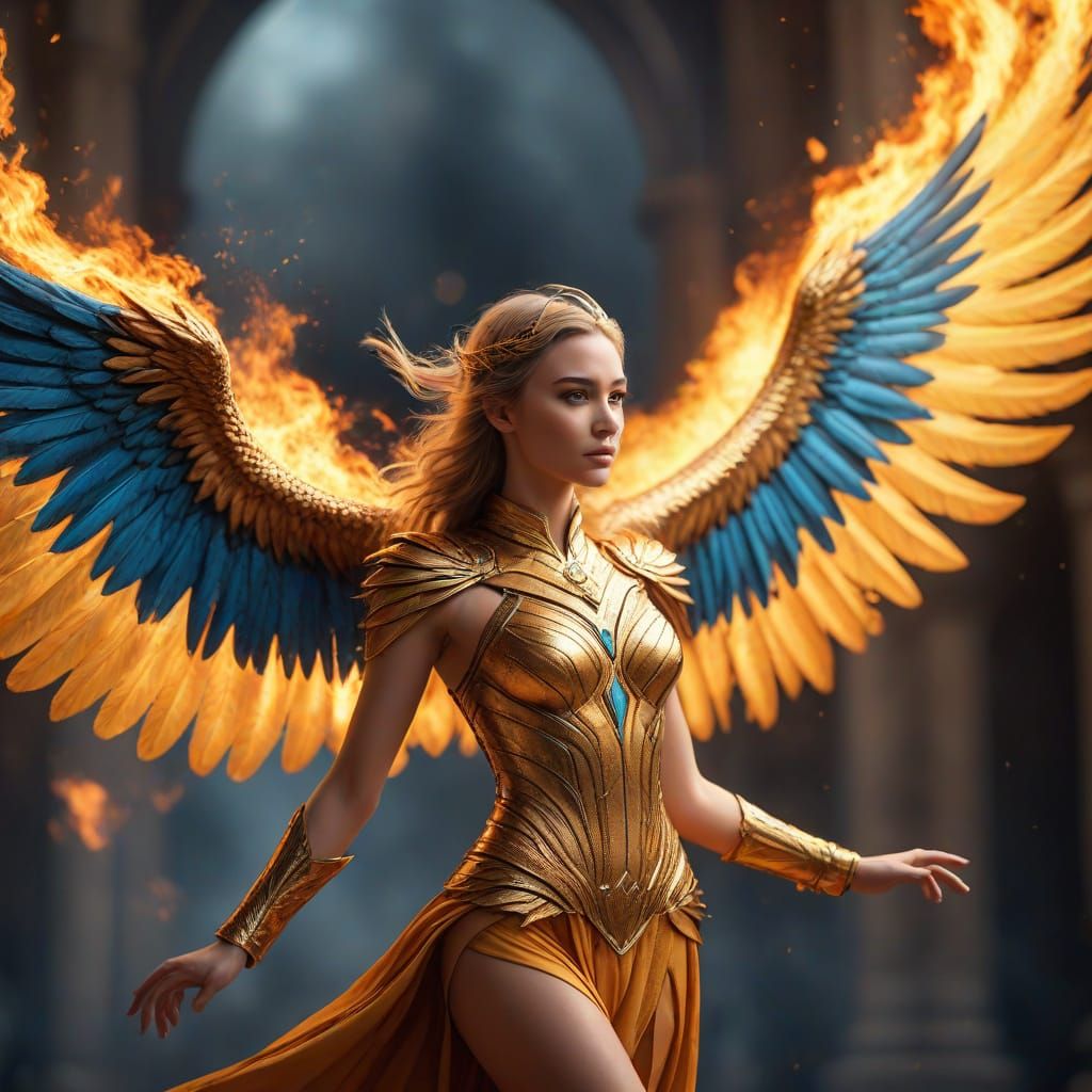 Golden Goddess Ascends in Fiery Phoenix Flight