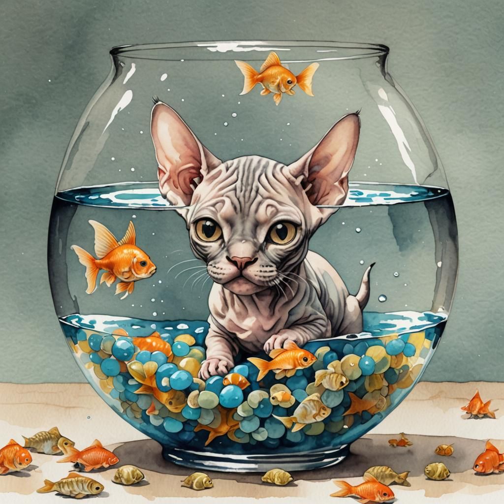Sphynx Kitten Stares into Goldfish Bowl