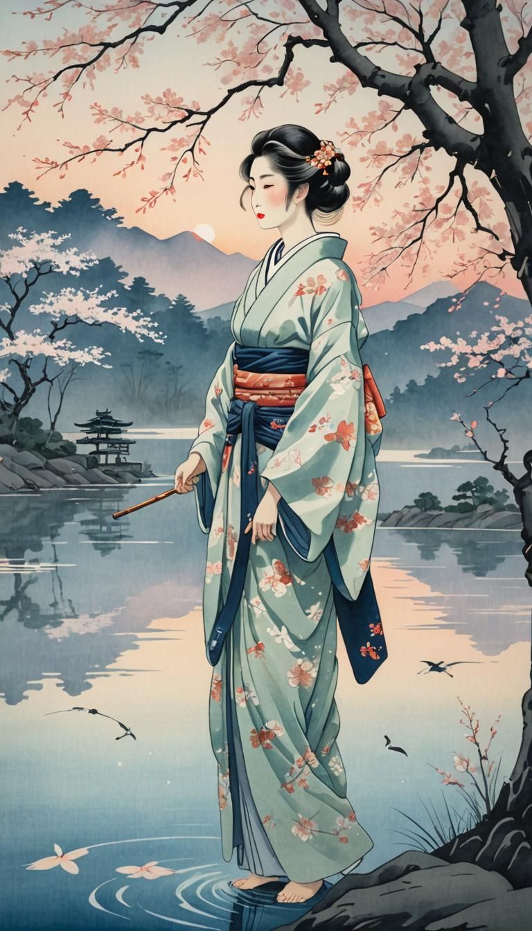 Serene Woman by Lake in Ukiyo-e Style