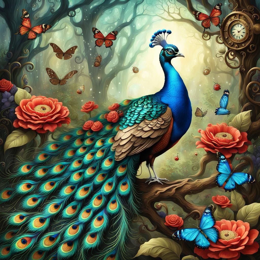 Steampunk Peacock in Enchanted Forest Scene