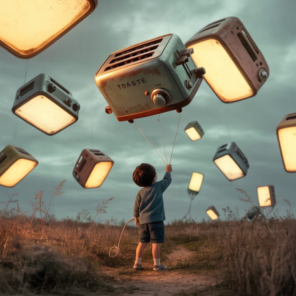 Boy Flies Toaster Kite in Post-Apocalyptic Field