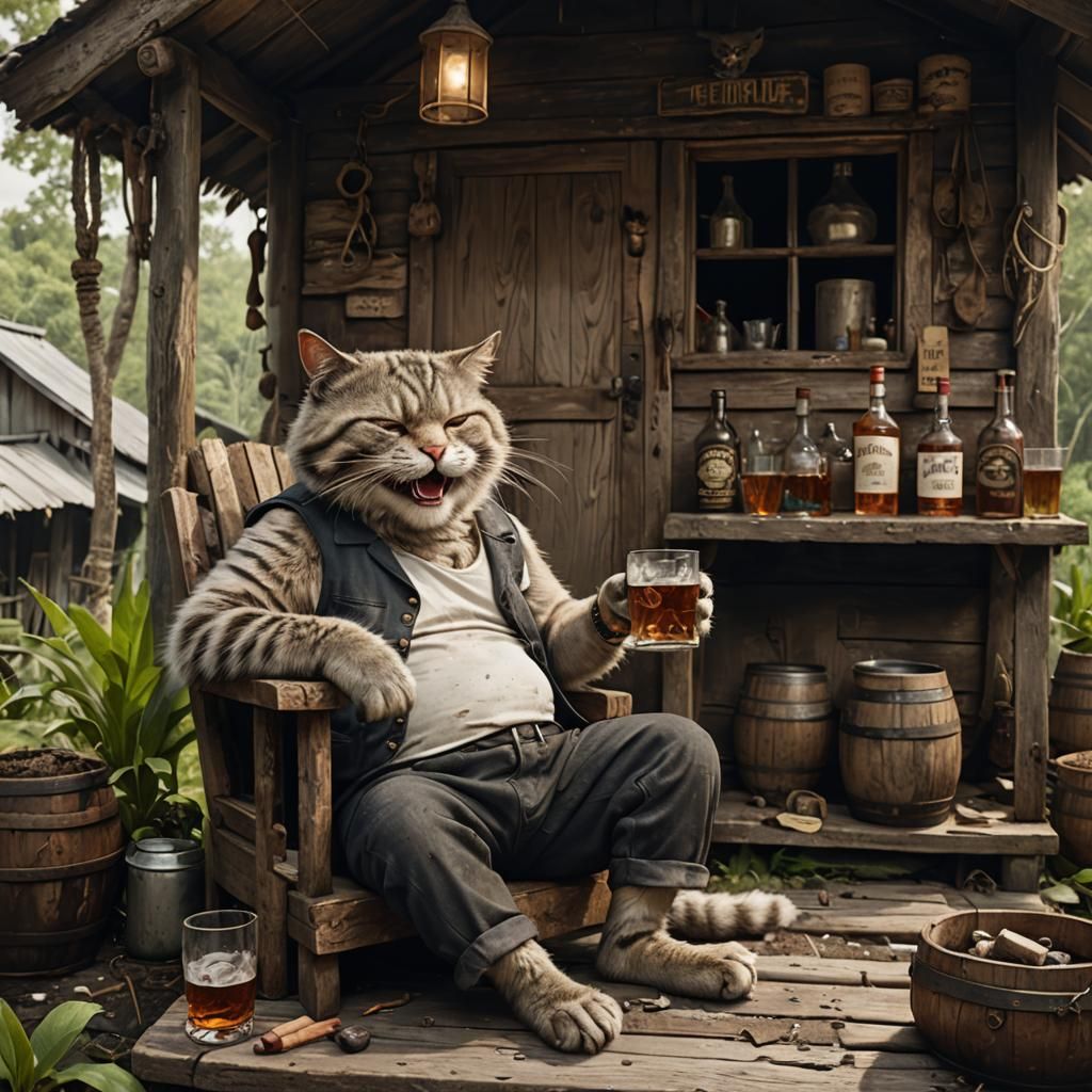 Laughing Cat Drinks Whiskey on Swamp Porch